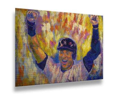 A painting of New York Yankees baseball player Derek Jeter cheering against an abstract background, the orange and yellow contrasting sharply with the blues and purples of his uniform. Printed on metal.