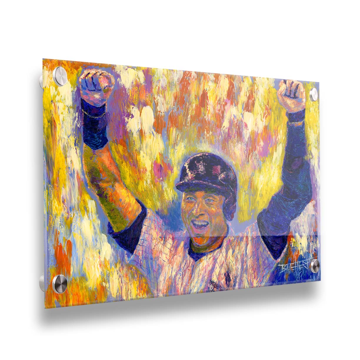 A painting of New York Yankees baseball player Derek Jeter cheering against an abstract background, the orange and yellow contrasting sharply with the blues and purples of his uniform. Printed on acrylic.