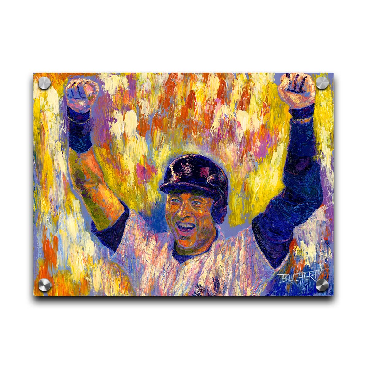 A painting of New York Yankees baseball player Derek Jeter cheering against an abstract background, the orange and yellow contrasting sharply with the blues and purples of his uniform. Printed on acrylic.