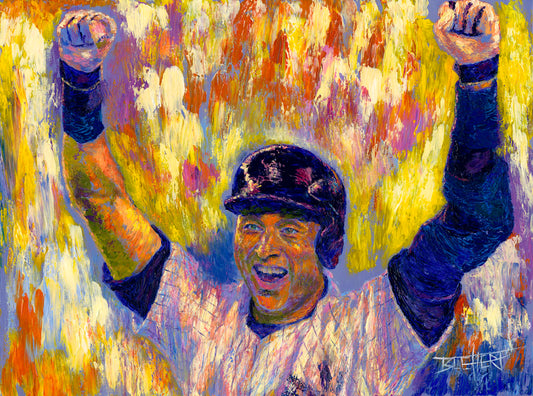 A painting of New York Yankees baseball player Derek Jeter cheering against an abstract background, the orange and yellow contrasting sharply with the blues and purples of his uniform.