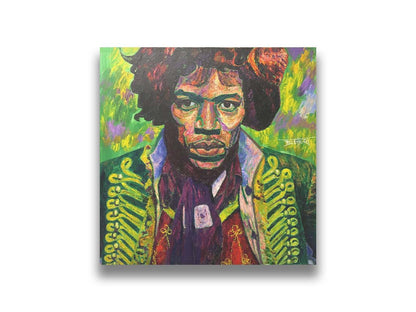 A portrait painting of legendary guitarist Jimi Hendrix in a green and purple color palette. Printed on canvas.