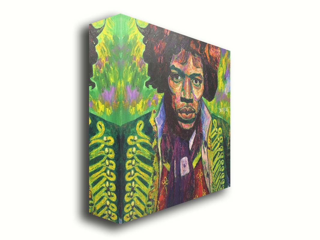 A portrait painting of legendary guitarist Jimi Hendrix in a green and purple color palette. Printed on canvas.