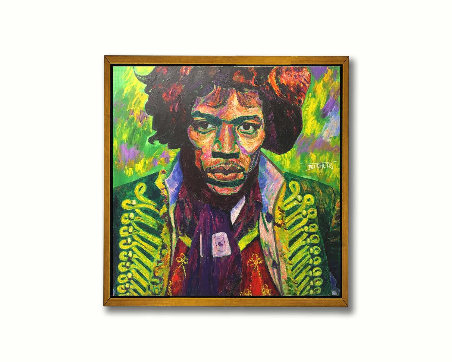 A portrait painting of legendary guitarist Jimi Hendrix in a green and purple color palette. Printed on canvas in a float frame.