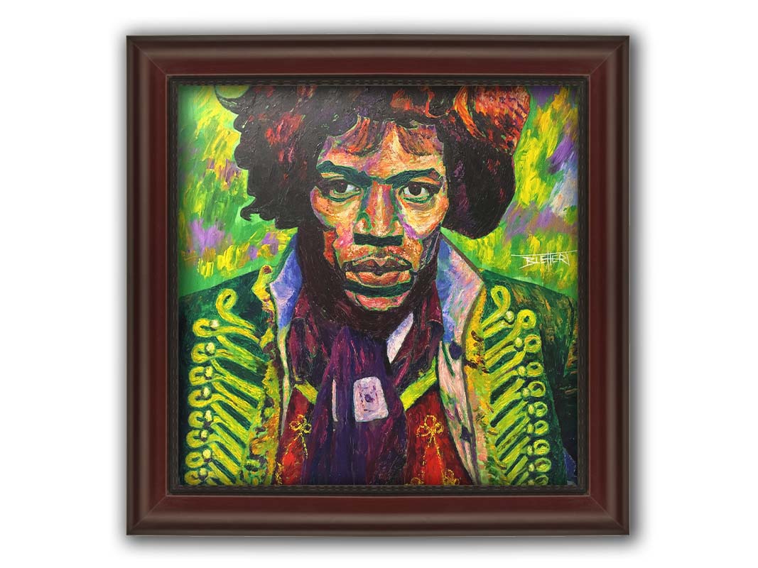 A portrait painting of legendary guitarist Jimi Hendrix in a green and purple color palette. Printed on canvas and framed.