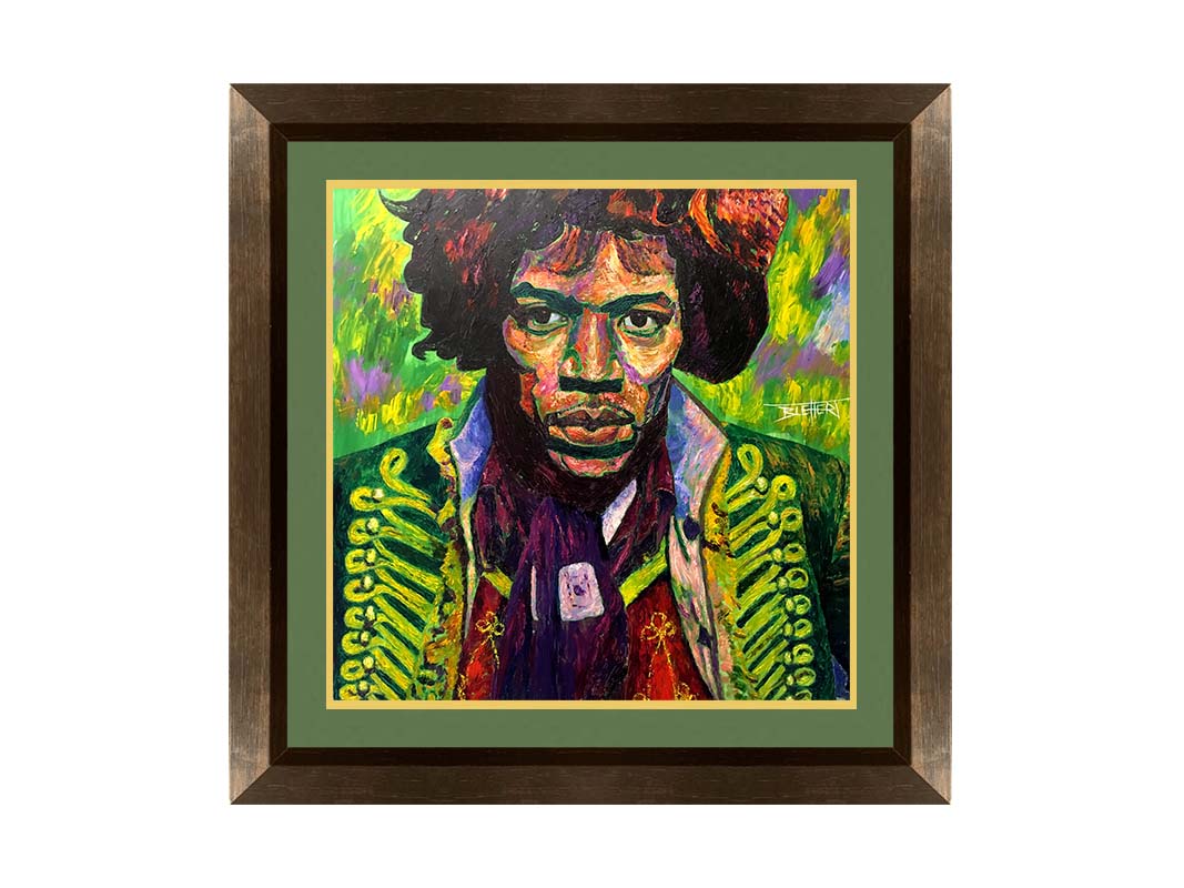 A portrait painting of legendary guitarist Jimi Hendrix in a green and purple color palette. Printed on paper, matted, and framed.