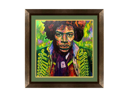 A portrait painting of legendary guitarist Jimi Hendrix in a green and purple color palette. Printed on paper, matted, and framed.