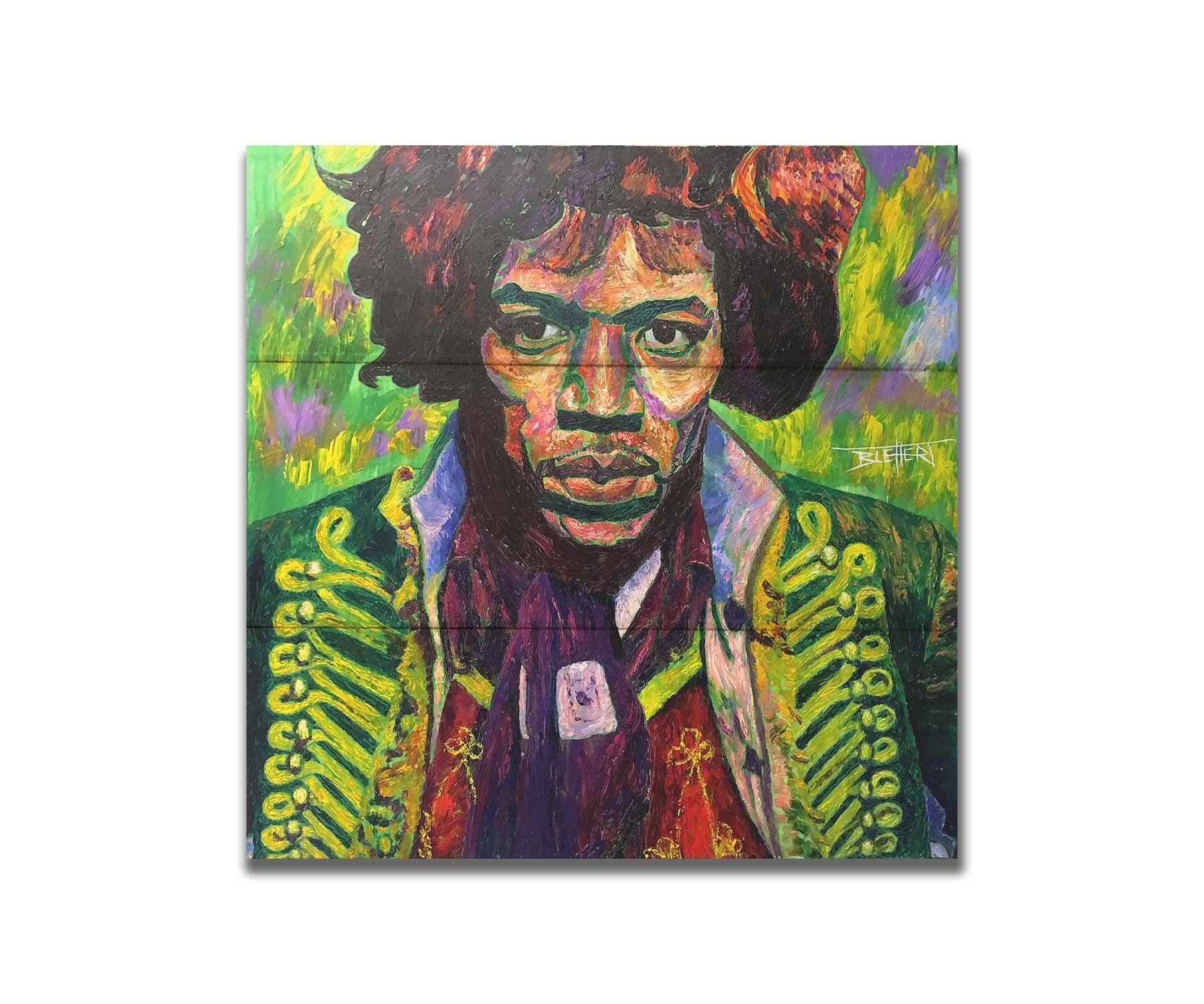 A portrait painting of legendary guitarist Jimi Hendrix in a green and purple color palette. Printed on a box board.