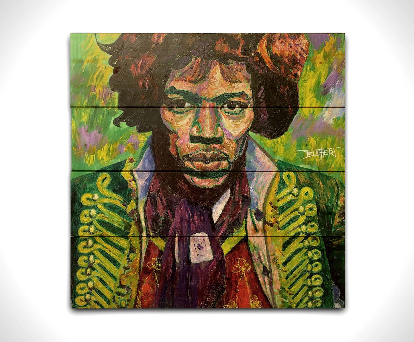 A portrait painting of legendary guitarist Jimi Hendrix in a green and purple color palette. Printed on a wood pallet.