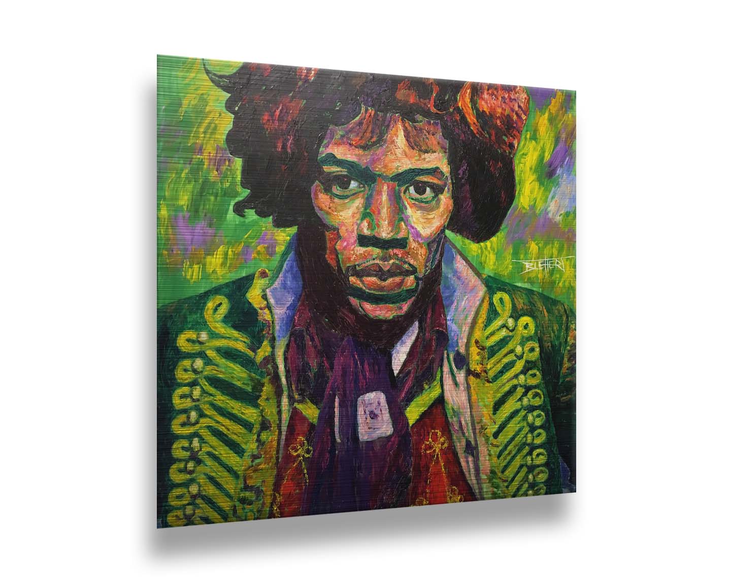 A portrait painting of legendary guitarist Jimi Hendrix in a green and purple color palette. Printed on metal.