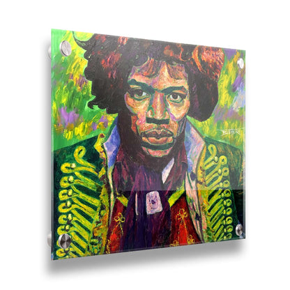 A portrait painting of legendary guitarist Jimi Hendrix in a green and purple color palette. Printed on acrylic.