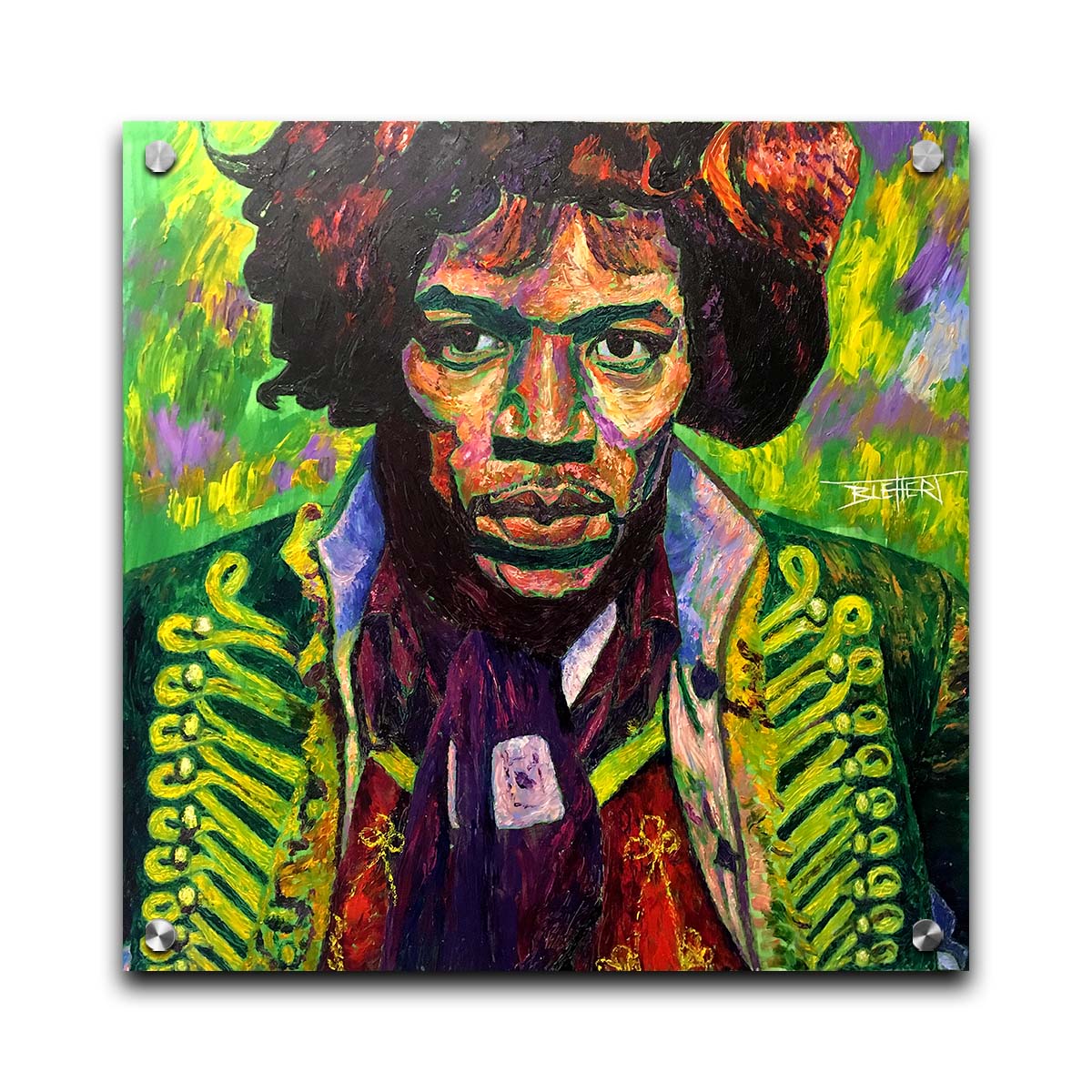 A portrait painting of legendary guitarist Jimi Hendrix in a green and purple color palette. Printed on acrylic.