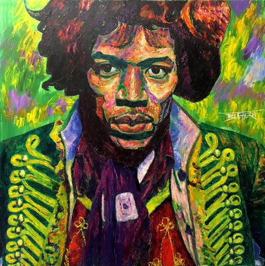 A portrait painting of legendary guitarist Jimi Hendrix in a green and purple color palette.