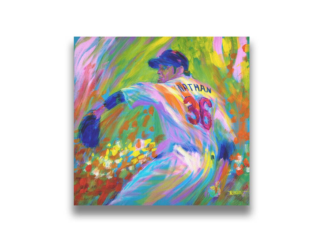 A painting of former Minnesota Twins baseball pitcher Joe Nathan, preparing to pitch the ball. Printed on canvas.