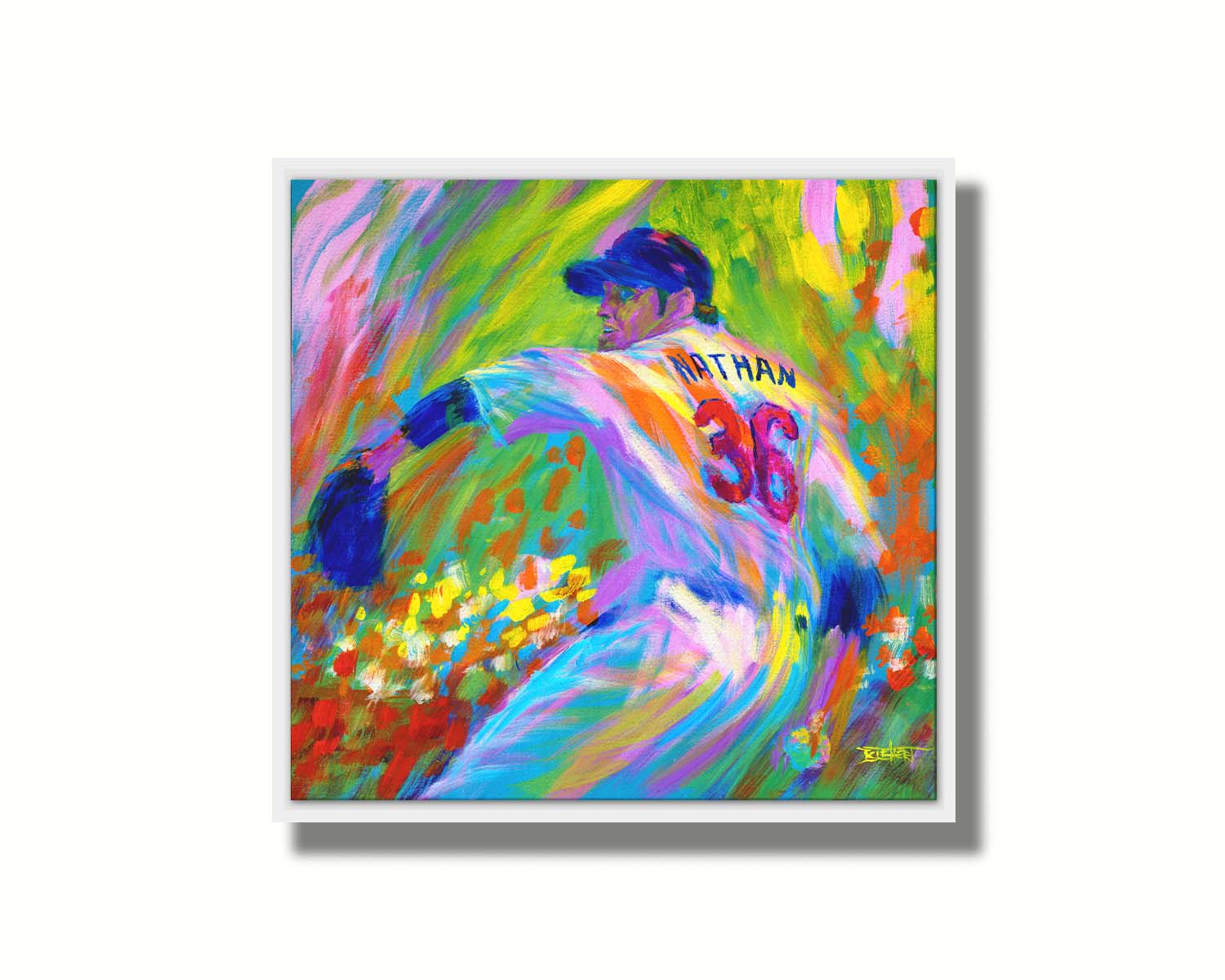 A painting of former Minnesota Twins baseball pitcher Joe Nathan, preparing to pitch the ball. Printed on canvas in a float frame.