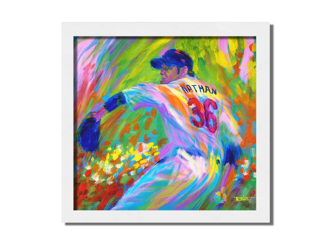 A painting of former Minnesota Twins baseball pitcher Joe Nathan, preparing to pitch the ball. Printed on canvas and framed.