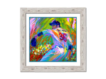 A painting of former Minnesota Twins baseball pitcher Joe Nathan, preparing to pitch the ball. Printed on paper, matted, and framed.