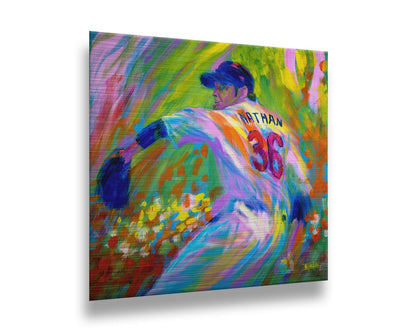 A painting of former Minnesota Twins baseball pitcher Joe Nathan, preparing to pitch the ball. Printed on metal.