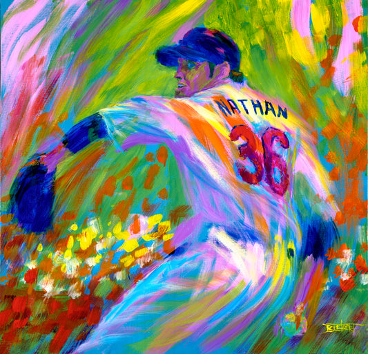 A painting of former Minnesota Twins baseball pitcher Joe Nathan, preparing to pitch the ball.