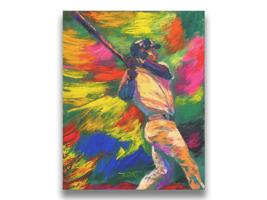 A painting of Ken Griffey Jr., swinging a bat for the Seattle Mariners baseball team. The colorful abstract background of broad palette knife strokes emphasizes the movement of the swing. Printed on canvas.