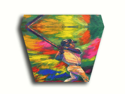 A painting of Ken Griffey Jr., swinging a bat for the Seattle Mariners baseball team. The colorful abstract background of broad palette knife strokes emphasizes the movement of the swing. Printed on canvas.