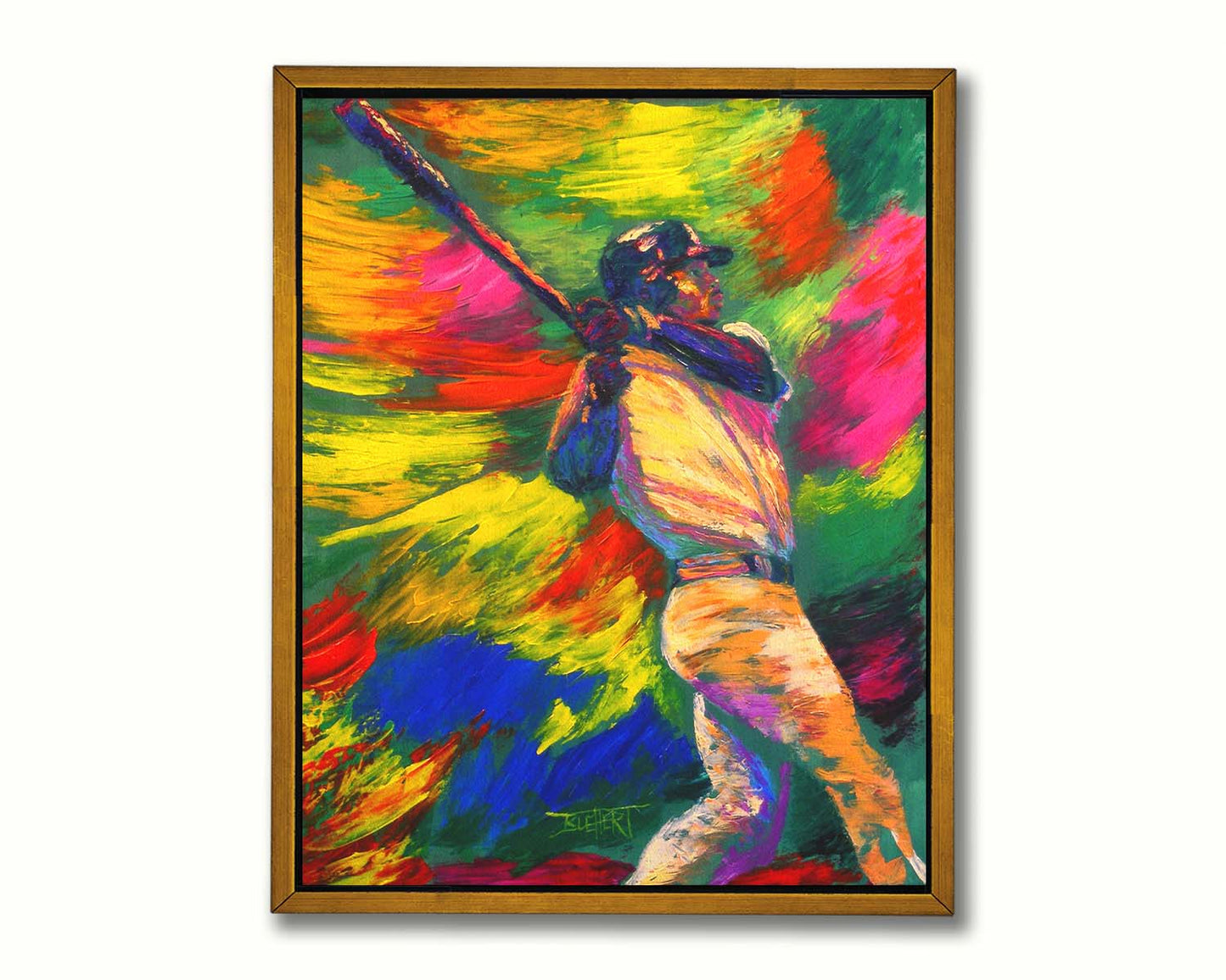 A painting of Ken Griffey Jr., swinging a bat for the Seattle Mariners baseball team. The colorful abstract background of broad palette knife strokes emphasizes the movement of the swing. Printed on canvas in a float frame.