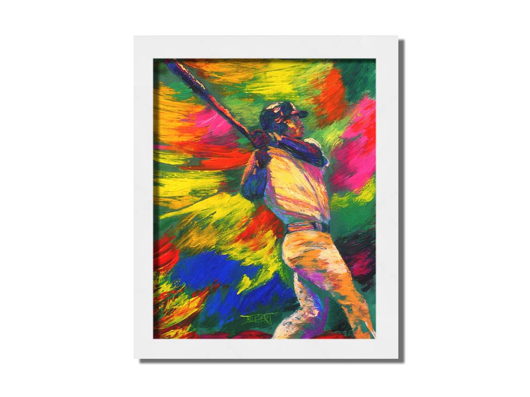 A painting of Ken Griffey Jr., swinging a bat for the Seattle Mariners baseball team. The colorful abstract background of broad palette knife strokes emphasizes the movement of the swing. Printed on canvas and framed.