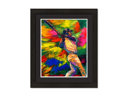 A painting of Ken Griffey Jr., swinging a bat for the Seattle Mariners baseball team. The colorful abstract background of broad palette knife strokes emphasizes the movement of the swing. Printed on paper, matted, and framed.