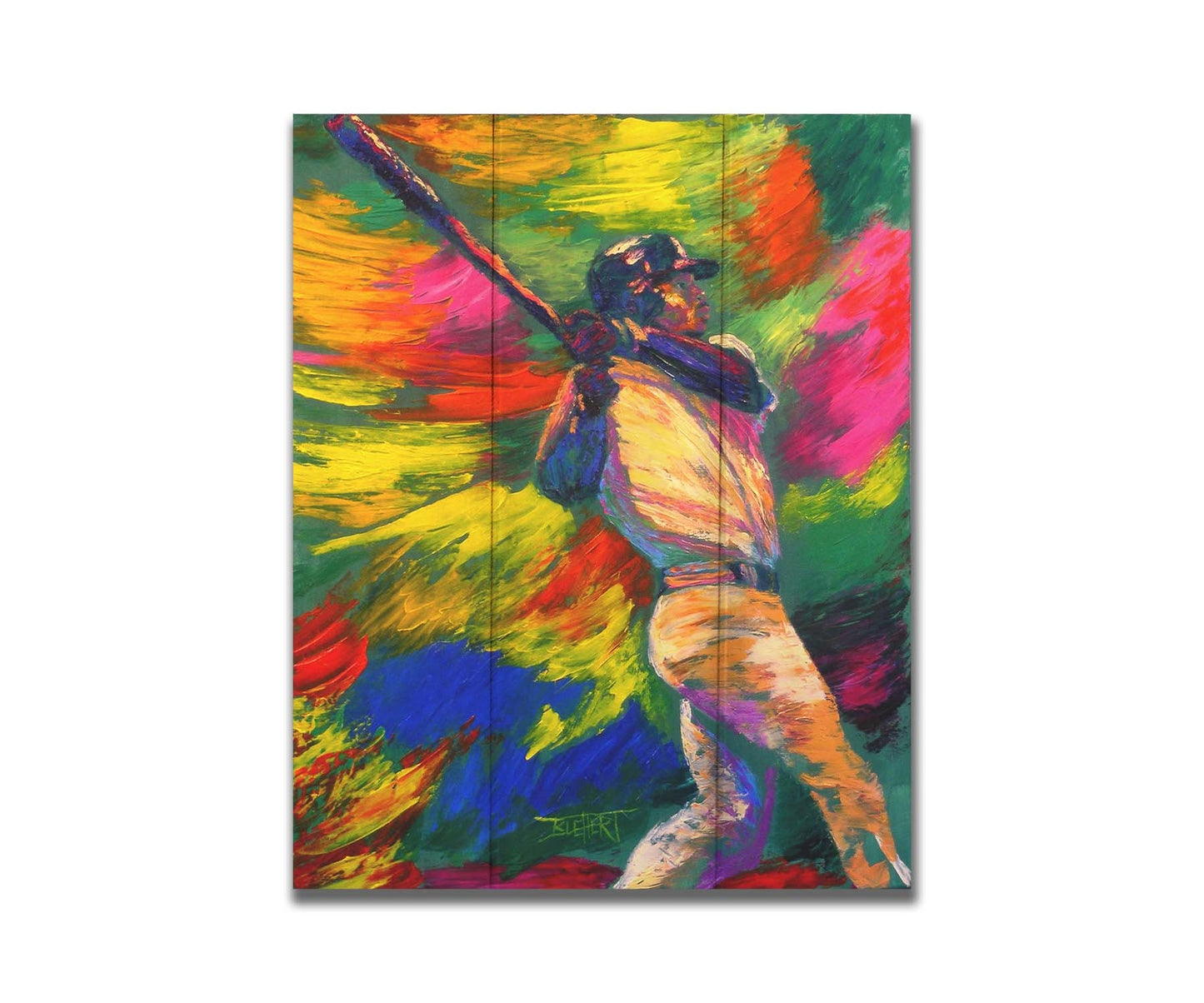 A painting of Ken Griffey Jr., swinging a bat for the Seattle Mariners baseball team. The colorful abstract background of broad palette knife strokes emphasizes the movement of the swing. Printed on a box board.