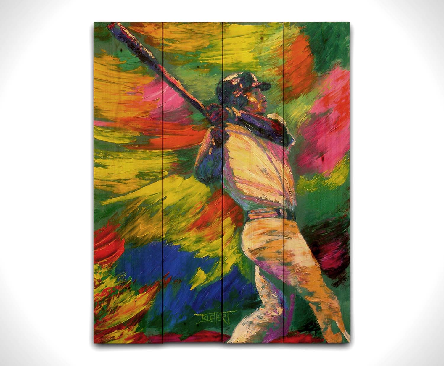 A painting of Ken Griffey Jr., swinging a bat for the Seattle Mariners baseball team. The colorful abstract background of broad palette knife strokes emphasizes the movement of the swing. Printed on a wood pallet.