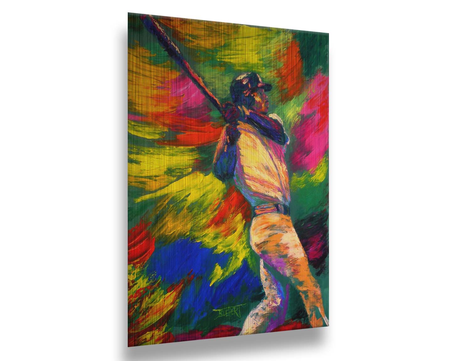 A painting of Ken Griffey Jr., swinging a bat for the Seattle Mariners baseball team. The colorful abstract background of broad palette knife strokes emphasizes the movement of the swing. Printed on metal.