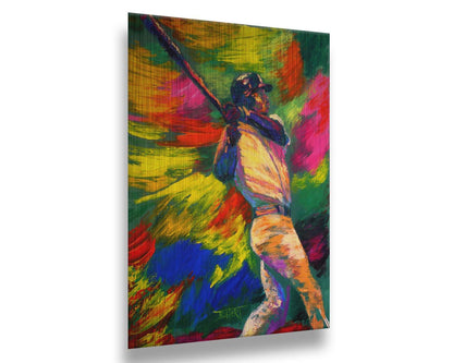 A painting of Ken Griffey Jr., swinging a bat for the Seattle Mariners baseball team. The colorful abstract background of broad palette knife strokes emphasizes the movement of the swing. Printed on metal.