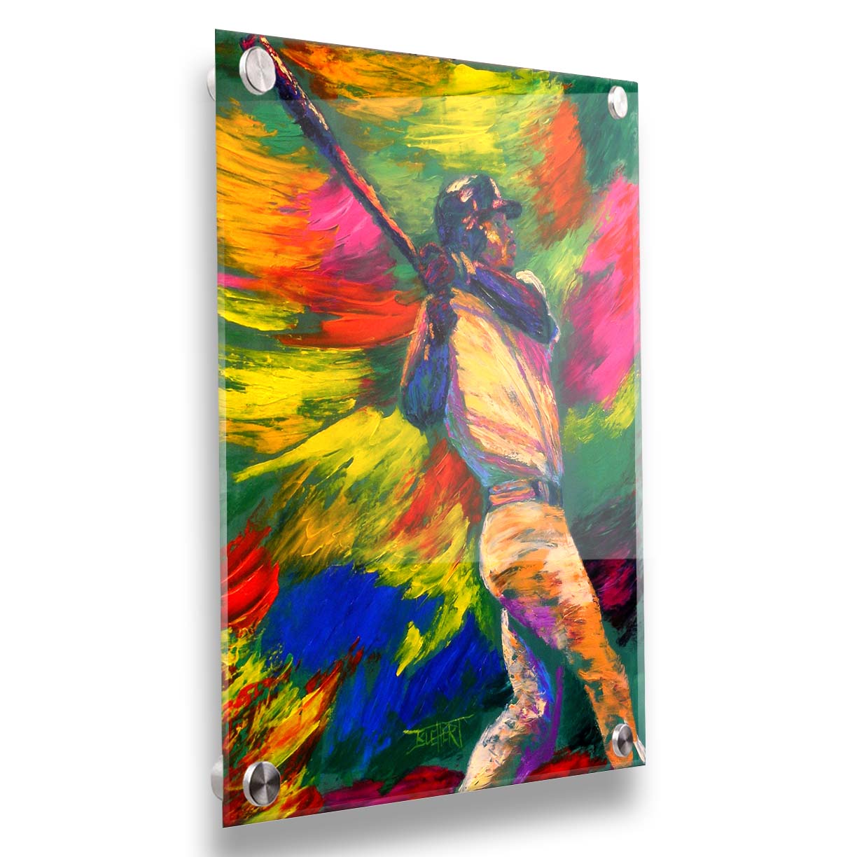 A painting of Ken Griffey Jr., swinging a bat for the Seattle Mariners baseball team. The colorful abstract background of broad palette knife strokes emphasizes the movement of the swing. Printed on acrylic.