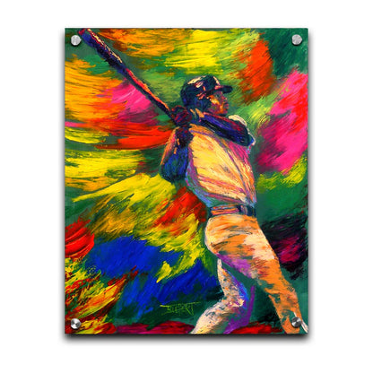 A painting of Ken Griffey Jr., swinging a bat for the Seattle Mariners baseball team. The colorful abstract background of broad palette knife strokes emphasizes the movement of the swing. Printed on acrylic.