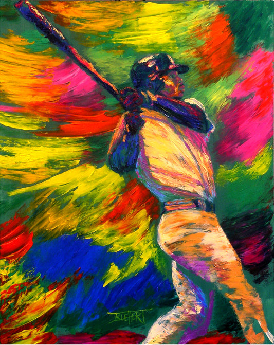 A painting of Ken Griffey Jr., swinging a bat for the Seattle Mariners baseball team. The colorful abstract background of broad palette knife strokes emphasizes the movement of the swing.