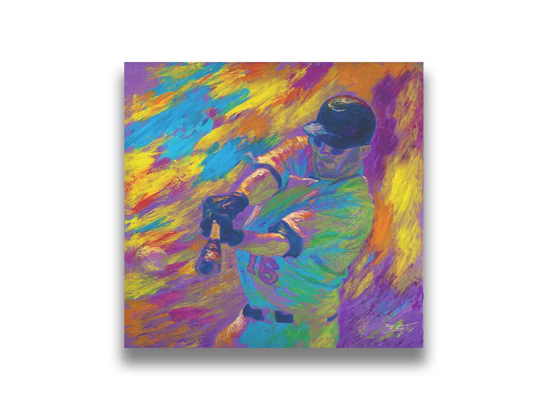 A painting of Minnesota Twins baseball player Jason Kubel swinging at a ball, just before contact. Printed on canvas.