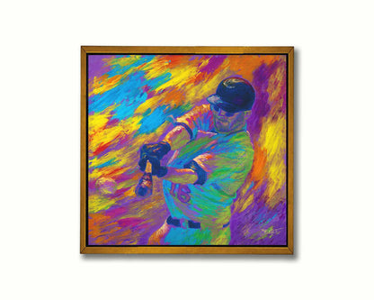 A painting of Minnesota Twins baseball player Jason Kubel swinging at a ball, just before contact. Printed on canvas in a float frame.