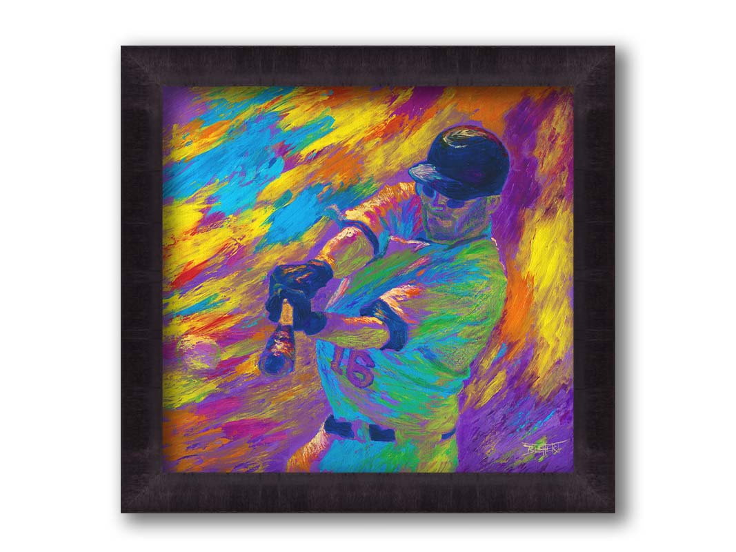 A painting of Minnesota Twins baseball player Jason Kubel swinging at a ball, just before contact. Printed on canvas and framed.