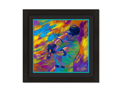 A painting of Minnesota Twins baseball player Jason Kubel swinging at a ball, just before contact. Printed on paper, matted, and framed.