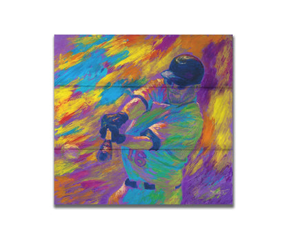 A painting of Minnesota Twins baseball player Jason Kubel swinging at a ball, just before contact. Printed on a box board.