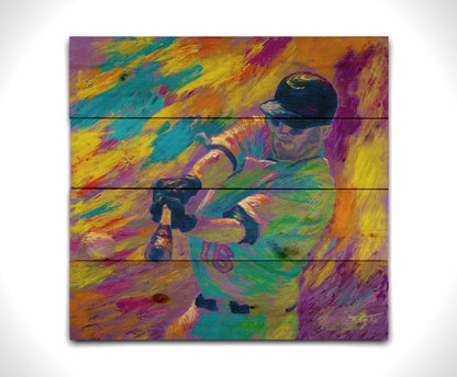 A painting of Minnesota Twins baseball player Jason Kubel swinging at a ball, just before contact. Printed on a wood pallet.