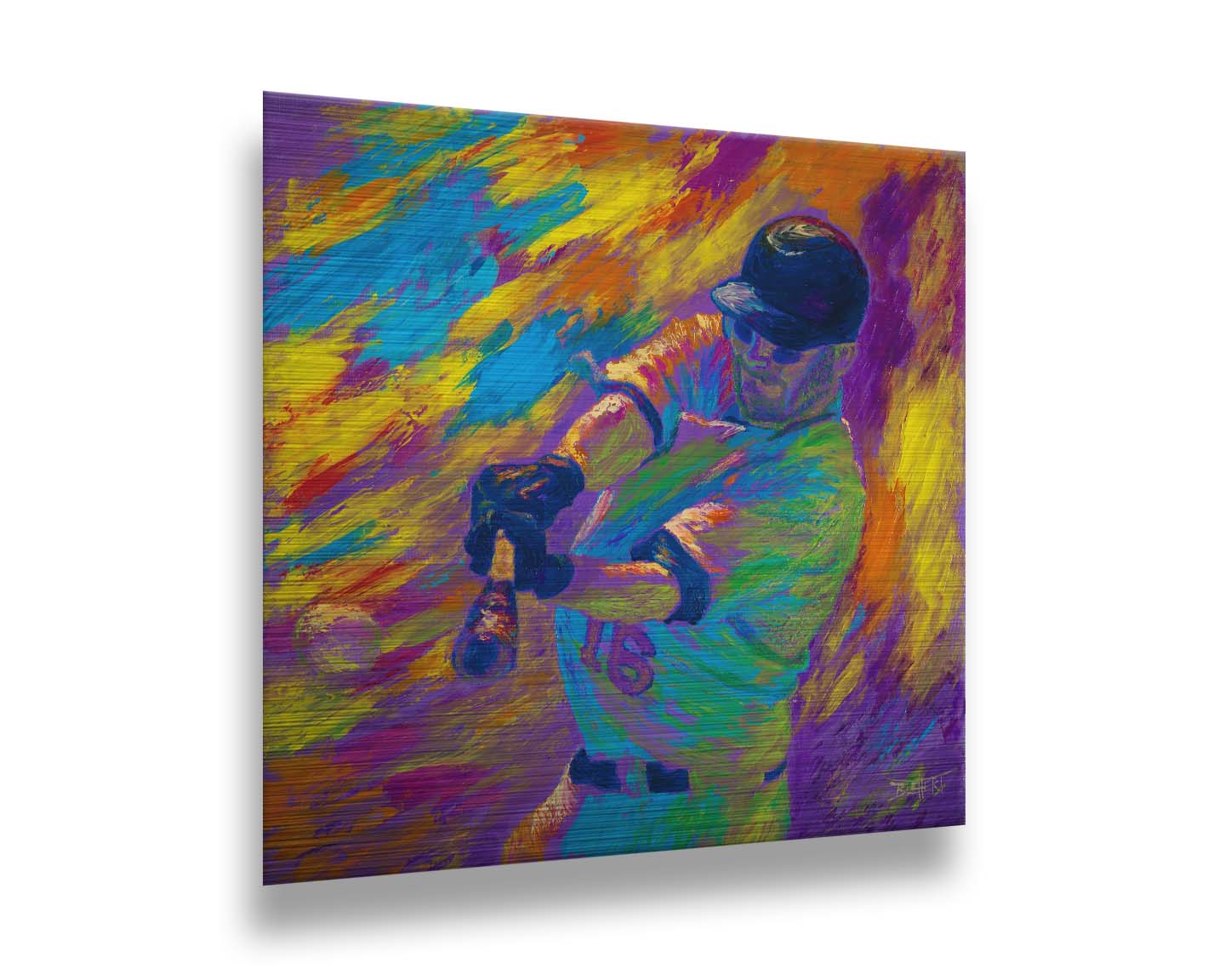 A painting of Minnesota Twins baseball player Jason Kubel swinging at a ball, just before contact. Printed on metal.