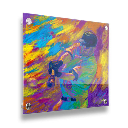 A painting of Minnesota Twins baseball player Jason Kubel swinging at a ball, just before contact. Printed on acrylic.