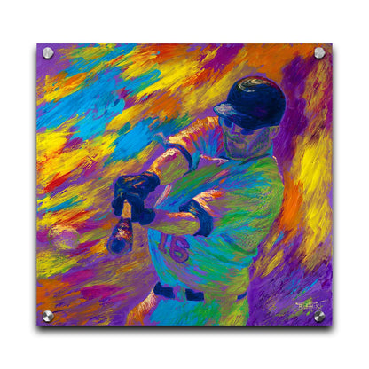 A painting of Minnesota Twins baseball player Jason Kubel swinging at a ball, just before contact. Printed on acrylic.