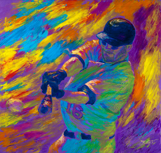 A painting of Minnesota Twins baseball player Jason Kubel swinging at a ball, just before contact.