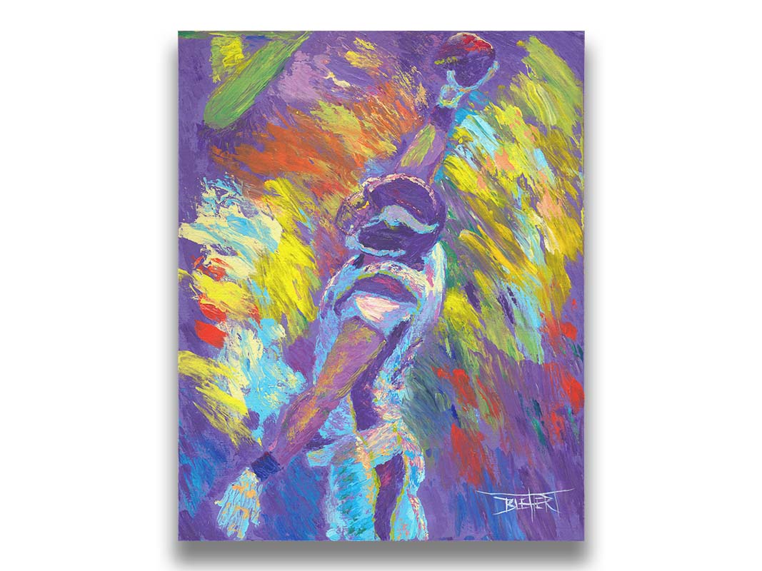 A painting of Minnesota VIkings player Kyle Rudolph catching a football, painted in a palette themed after the team's purple and yellow color scheme. Printed on canvas.