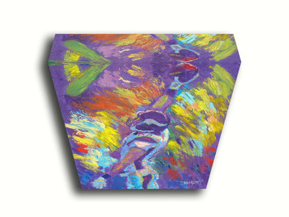 A painting of Minnesota VIkings player Kyle Rudolph catching a football, painted in a palette themed after the team's purple and yellow color scheme. Printed on canvas.