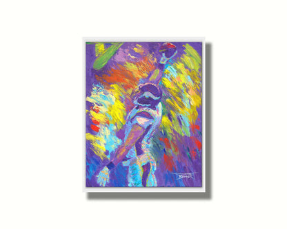 A painting of Minnesota VIkings player Kyle Rudolph catching a football, painted in a palette themed after the team's purple and yellow color scheme. Printed on canvas in a float frame.