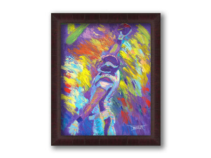 A painting of Minnesota VIkings player Kyle Rudolph catching a football, painted in a palette themed after the team's purple and yellow color scheme. Printed on canvas and framed.