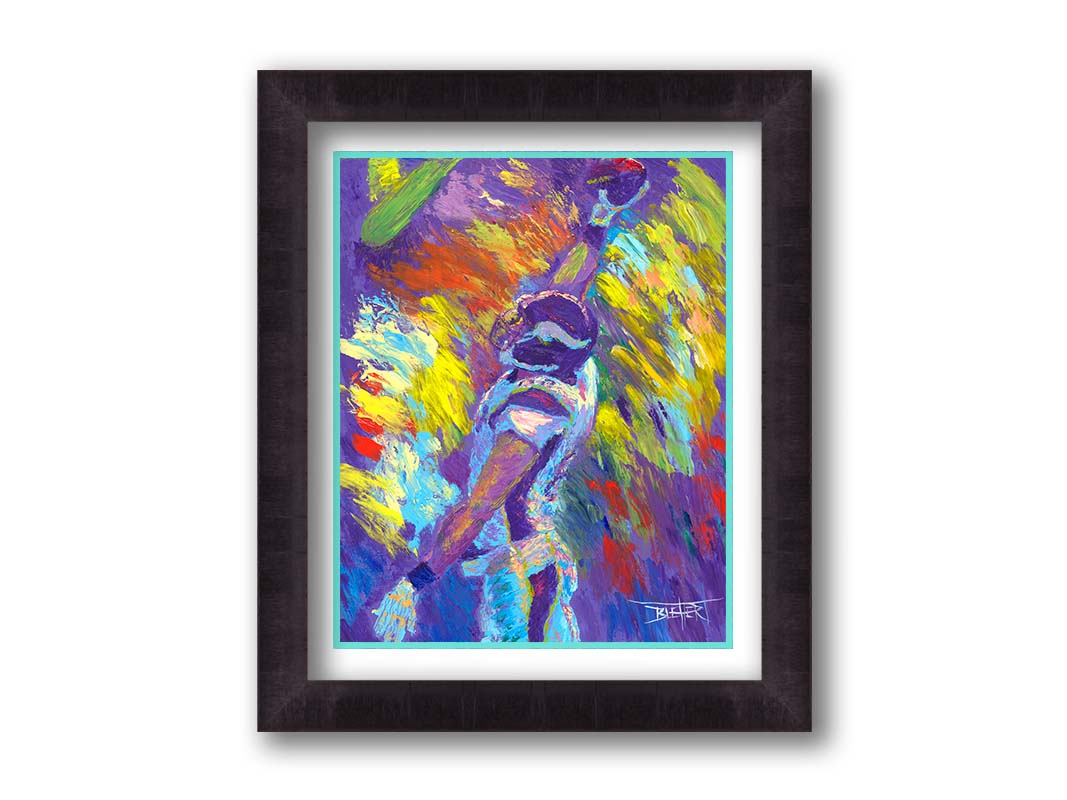 A painting of Minnesota VIkings player Kyle Rudolph catching a football, painted in a palette themed after the team's purple and yellow color scheme. Printed on paper, matted, and framed.