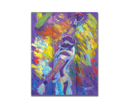 A painting of Minnesota VIkings player Kyle Rudolph catching a football, painted in a palette themed after the team's purple and yellow color scheme. Printed on a box board.